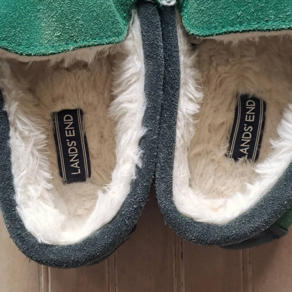 Lands' End Kids' Fuzzy Lined Suede Leather Moccasin Slippers Robot Design
